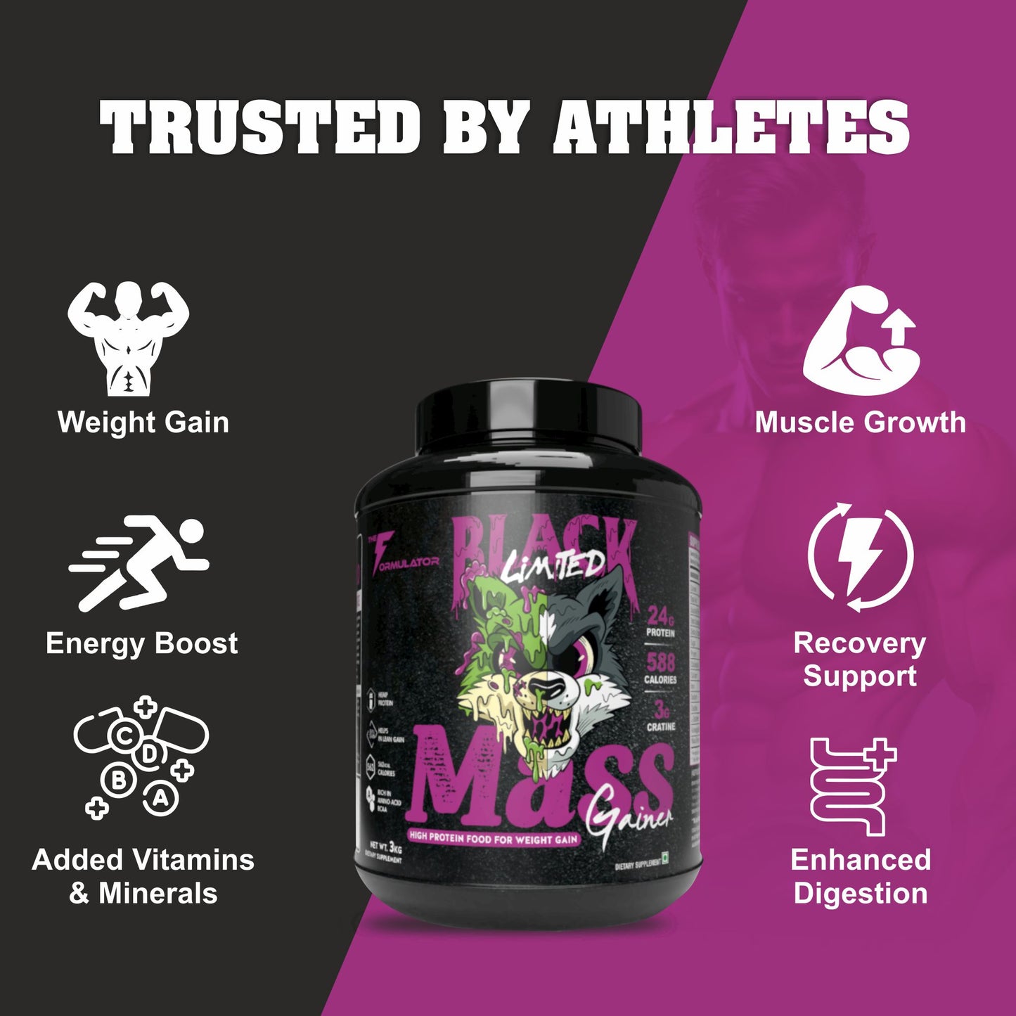 TF Black Limited Mass Gainer | 24g Protein | 3g Creatine | 588 Calories | 3 Kg